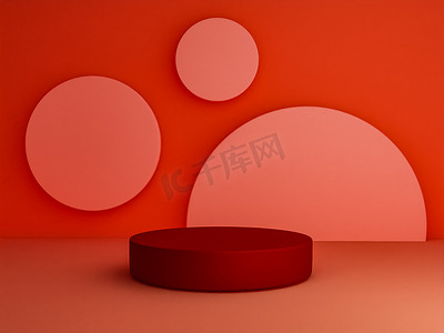 带有红色讲台的场景，以简约风格和复制空间进行模拟演示，3D渲染抽象的背景设计
