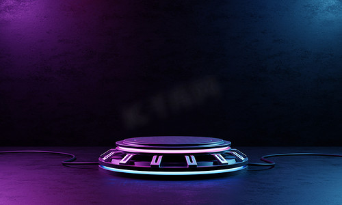 紫色背景3摄影照片_赛博朋克产品平台工作室与蓝紫色聚光灯和发牢骚风格纹理的宇宙飞船背景。未来技术场景的概念。3D图解绘制