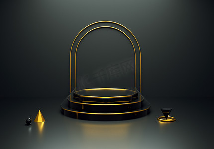 gold摄影照片_3D rendering of a luxurious black and gold podium for a product display. Realistic pedestal, empty platform for ads, background and presentations