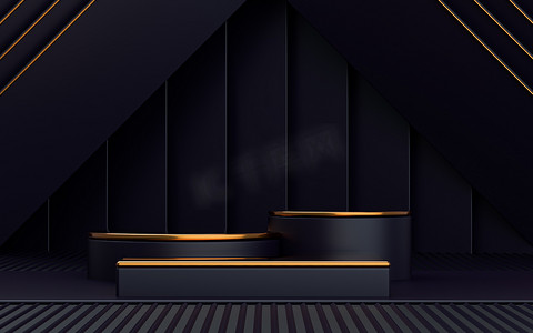 3D渲染讲台上的黑暗和黄金抽象背景空空间平台的产品推广 
