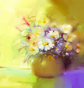 抽象油画的春天的花朵。静物画的白色非洲菊、 雏菊、 丁香、 野花.