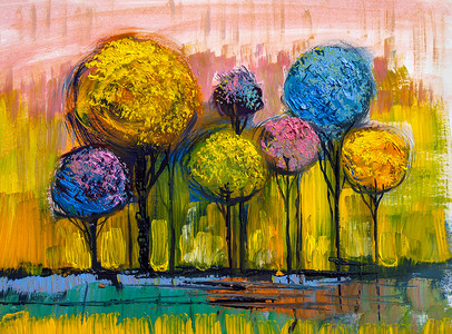 油画风景摄影照片_油画风景, 五颜六色的树木。手绘印象派, 户外景观.
