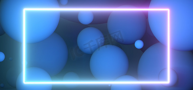 粒子飞散文字摄影照片_粒子漂浮在蓝色工作室。轻霓虹灯架。设计的空隙。3D渲染.