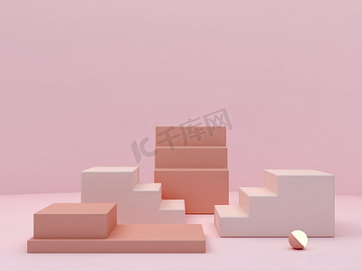 粉红色的珊瑚形状在珊瑚的抽象背景上.最小的盒子和几何讲台。有楼梯和几何形状的场景。化妆品展示的空陈列柜。3D渲染.