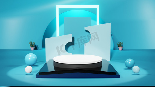 产品背景墙背景摄影照片_3D Podium显示，产品为蓝色墙背景，抽象背景3