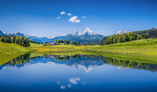 绿色全景摄影照片_田园诗般的夏日风景与清除在阿尔卑斯山的高山湖泊