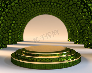 三金圆柱形基座平台与绿色霓虹灯蜂窝圆柱形设计的霓虹灯背景产品演示台3D渲染