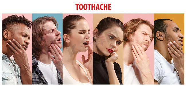 拼贴关于一群人牙痛。男性, 妇女与牙痛苦病症