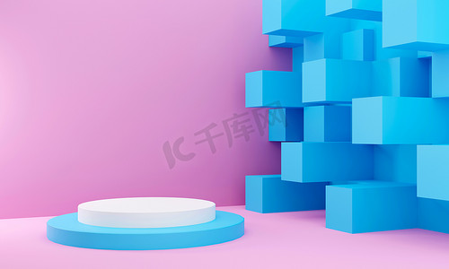 蓝白背景几何摄影照片_3D以蓝白柔和的色调渲染了一个讲台，用于在几何形状的背景下演示产品。数字图像的说明.