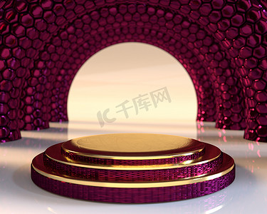 带洋红蜂窝圆柱形设计的三金圆柱形基座平台在霓虹灯背景下的三维渲染产品演示平台