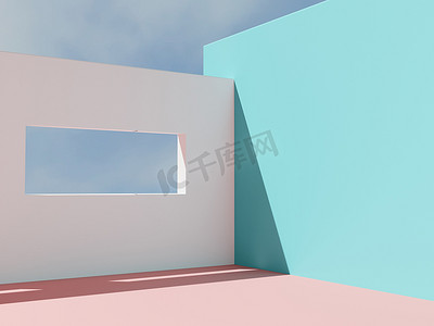 白色天空背景摄影照片_3D渲染最小建筑产品显示背景与高对比度和充满活力的色彩。地中海绿松石、粉色和白色地板以及有窗户的墙壁。天空背景.