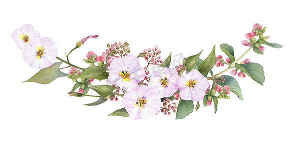 手绘水彩框架与风景如画的杂草，叶子，鲜花和草本隔离在白色背景。用于婚礼邀请的花卉植物插图、贺卡