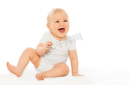 happy购摄影照片_happy laughing baby in white bodysuit