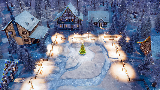 雪天摄影照片_在雪夜的雪天里, 在雪的广场上, 舒适的雪景覆盖了欧洲村庄, 有半木结构的房屋和装饰好的圣诞树。我的3d 渲染文件中的节日3d 插图.