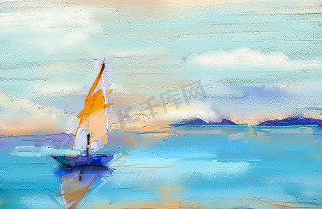 帆布摄影照片_色彩艳丽的油画在帆布纹理上.具有阳光背景的海景绘画的印象派形象。现代油画与船，航行在海上。背景的当代艺术摘要