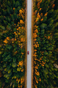 秋摄影照片_芬兰农村黄橙秋林农村道路的空中景观. 