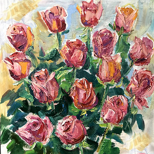 画粉红色的玫瑰花花束。图片包含一个有趣的想法, 唤起情感, 审美快感。帆布舒展在担架油自然油漆。概念原创艺术绘画质感