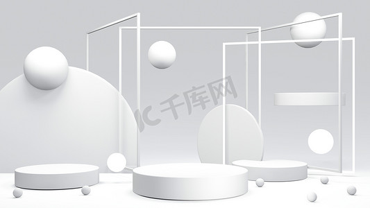 空白产品白色主题的三维渲染概念为商业模板设计展示了盆栽构图几何元素。3D渲染.