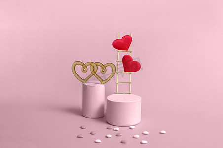 hearts摄影照片_Podium with wooden stairs and hearts on a pink background, monochrome. Celebrating Valentine's Day with copy space.