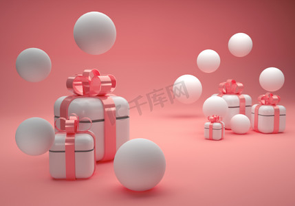 玫瑰气球摄影照片_白色礼品盒，粉色背景上有玫瑰红色蝴蝶结，白色气球，3D插图