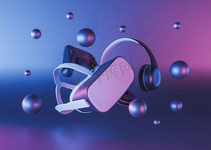 console controller with virtual reality goggles and headset floating in the air with spheres around and neon lighting in concept of video games, entertainment and future. 3d render