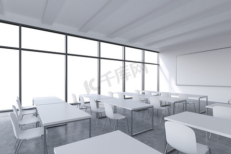 A modern panoramic classroom with white copy space in the windows. White tables and white chairs and a whiteboard on the wall. 3D rendering.