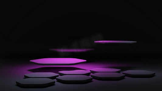 蓝紫色炫酷摄影照片_展览六边形基座。平台，产品基座。3D渲染说明。蓝紫色的霓虹灯。智能手机的技术背景。暗色背景上的霓虹灯.