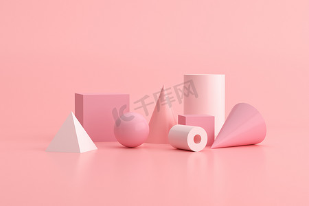 粉红背景几何物体三维绘制，极小概念.