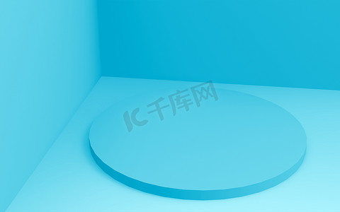 医药产品摄影照片_3D蓝色圆筒讲台最小工作室背景。摘要三维几何形体图解绘制.医药产品的展示