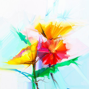 油画背景油画摄影照片_抽象油画春天的花朵。黄色和红色的非洲菊花卉的静物写生