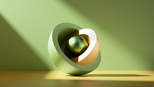 三维抽象最小现代背景，隐藏在黄绿色半球壳内的金属核心球隔离物体，一堆堆碗简单干净的设计