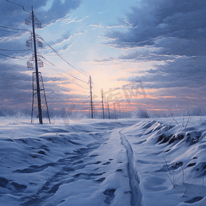摄影照片_冬季雪地中的道路电线杆2