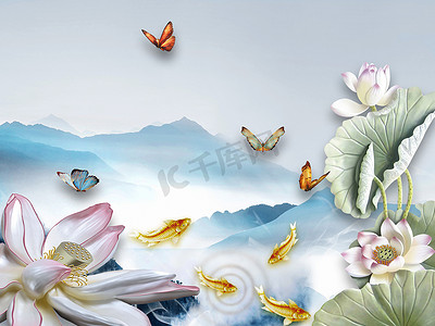抽象插图，蓝山，天空，乌鲁佩粉红色和白色的百合与叶子，蝴蝶和金鱼
