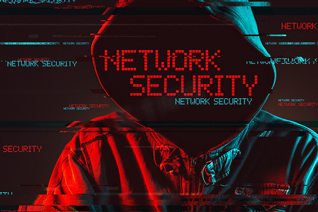 网络安全概念与无头蒙面男性, 低调的红色和蓝色的灯光图像和数字小故障效应