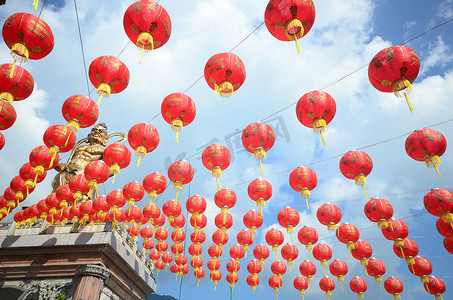 Chinese red lantern festival Happy Lunar Chinese New year. Celebrate chinese culture red golden lantern over blue sky sunshine daypray wish luck wealth happiness. Celebrate chinese new year chinatown