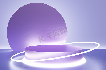 紫罗兰色讲台的3D渲染，背景为紫色，霓虹灯更亮