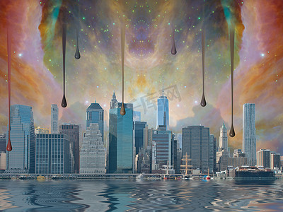 NYC. Manhattan view. Surreal sky. 3D rendering