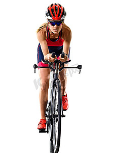 运动妇女摄影照片_女子铁人三项铁人三项运动员铁人自行车运动员自行车孤立的白色背景