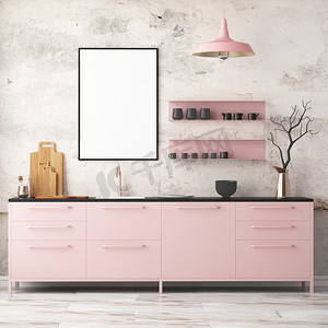  厨房及室内粉红的颜色