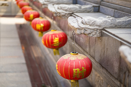 Bangkok, Thailand - December, 20, 2021 : Red Lanterns with chinese text mean 