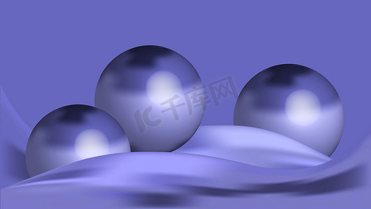 Abstract modern Very Peri background with fluid luminous waves and 3d three balls. Innovation technology concept. Luxury backdrop. Geometric modern digital wallpaper. Trendy color of the 2022 year.