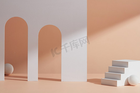 抽象构图，几何物体的背景，讲台，楼梯，彩球和墙上的阴影.