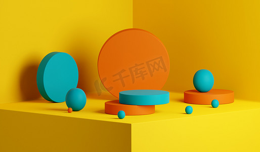 summer水纹摄影照片_Abstract yellow geometric composition background. Product stage platform in vibrant summer color palette. Minimal mockup 3d render design.