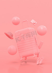 饰物摄影照片_单色行李箱或带有粉色背景海滩饰物的行李。暑假概念和假期的3D渲染