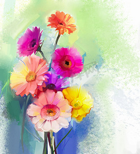 抽象油画的春天的花朵。静物画的黄色、 粉红色和红色的非洲菊。五颜六色的花束鲜花与绿蓝浅色背景.