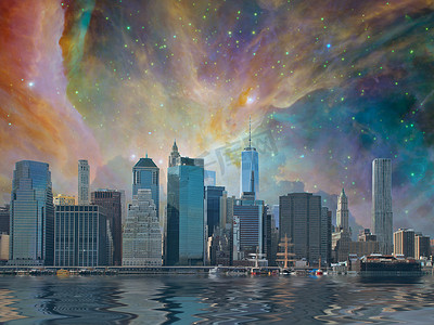 NYC. Manhattan view. Surreal sky. 3D rendering