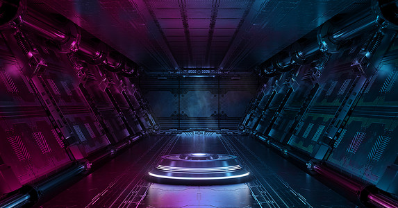 蓝色空间站摄影照片_蓝色和粉色宇宙飞船内部有照明投影仪。空间站的未来派走廊，背景为发光的霓虹灯。3d渲染