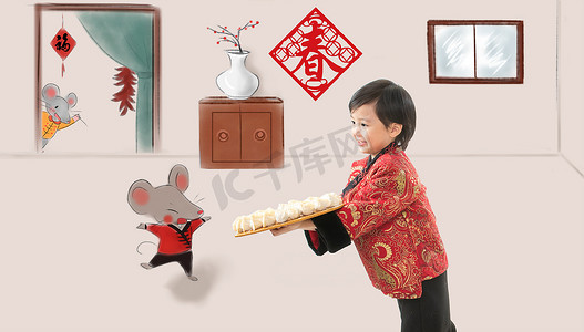 鼠年新年灯笼边框摄影照片_小男孩鼠年包饺子