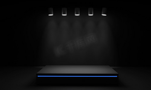 黑暗的黑色背景上的黑色讲台空荡荡的讲台颁奖仪式平台被聚光灯照亮。3D插图.