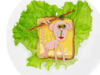 salame摄影照片_创意蔬菜三明治配奶酪和火腿